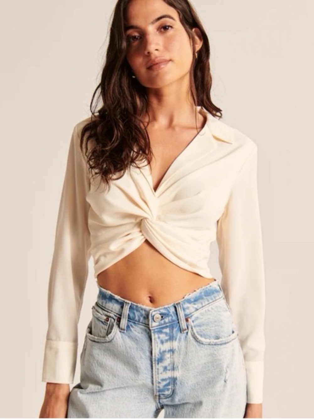 Abercrombie & Fitch Cream Twist-Front Long-Sleeve Crop Top